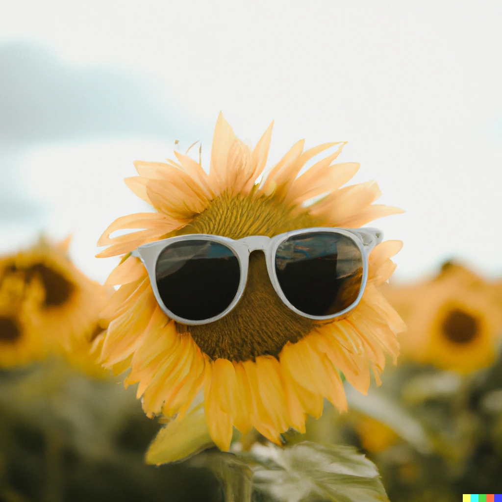 A photograph of a sunflower with sunglasses on in the middle of the flower in a field on a bright sunny day